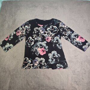 Marietta Shirt Women's Large Flowers Rhinestone Made in USA 100% Cotton Black